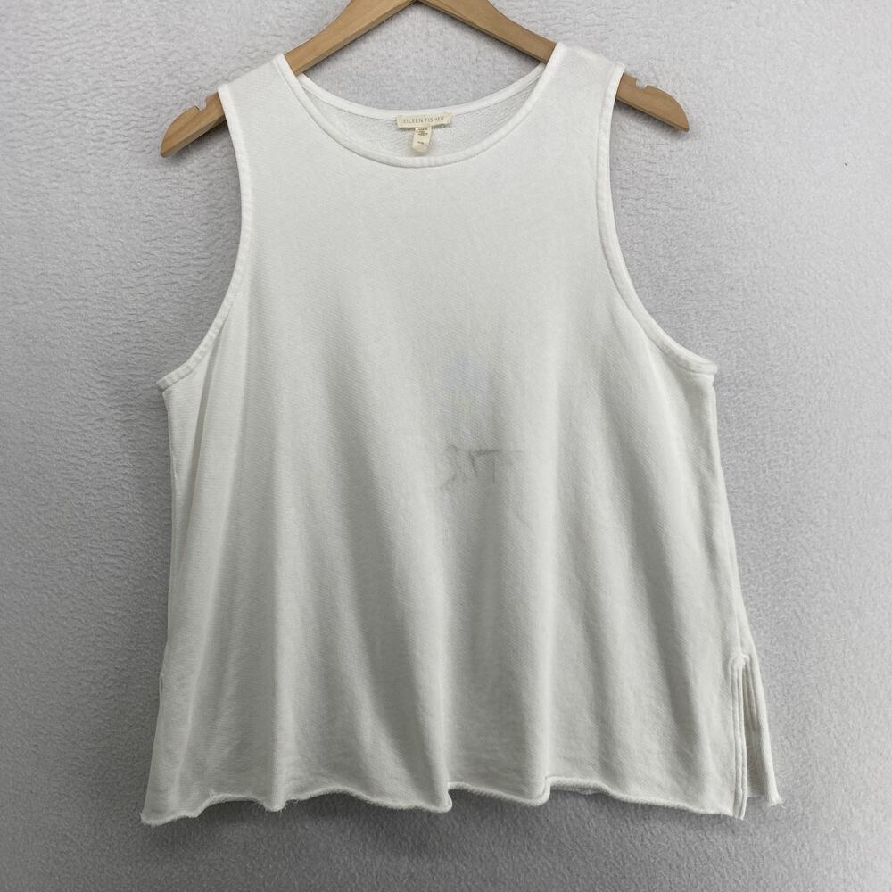 EILEEN FISHER Tank Top M French Terry Organic Cotton Round Neck Raw Hems White